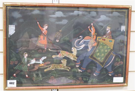 An Indian painted silk panel of a tiger hunt, 36 x 56cm